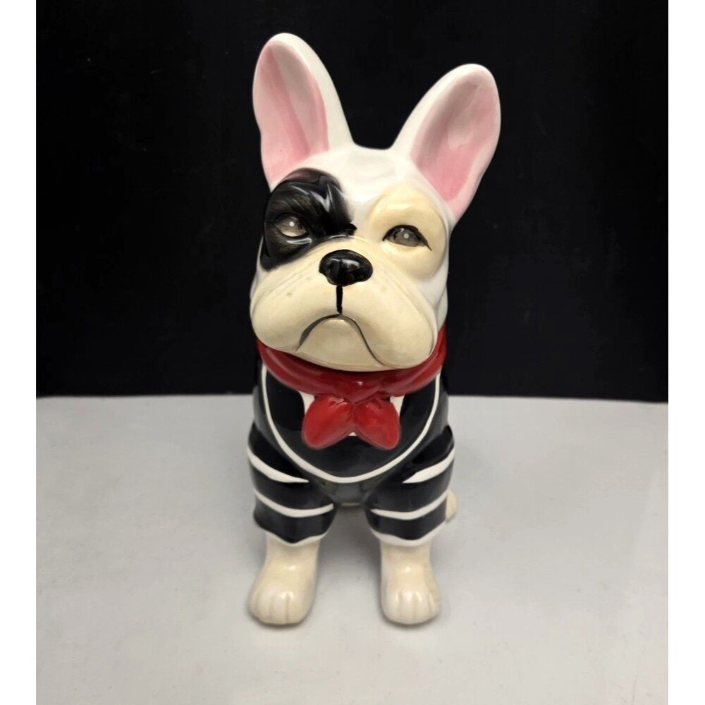 French Bulldog Frenchie Treat Jar Cookie Jar Ceramic Red Scarf Figural Dog 10"